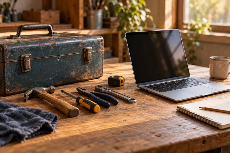 Szerszámosláda egy nyitott laptop mellett a munkapadon